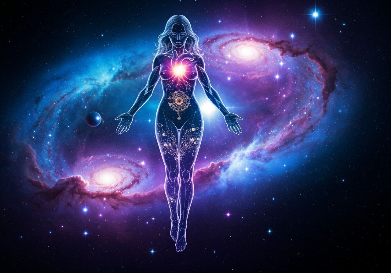 Cosmic Energy Woman Floating in Nebula, Mixed Media Collage