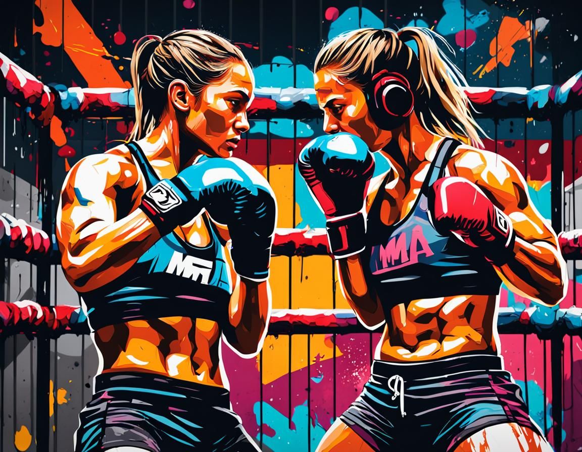 Female MMA Fighters Training: Graffiti Art Style
