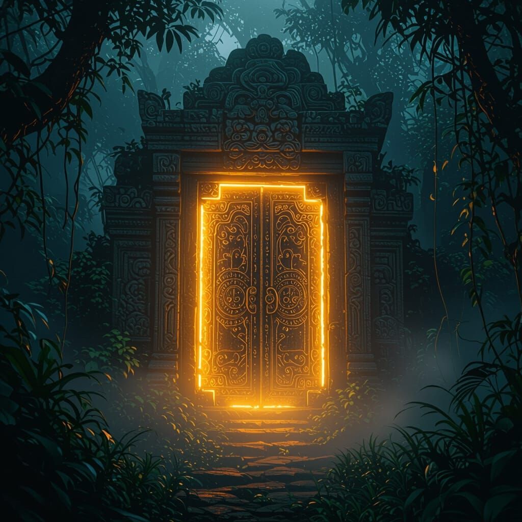 Glowing Ancient Door in Jungle, Hyper-Detailed