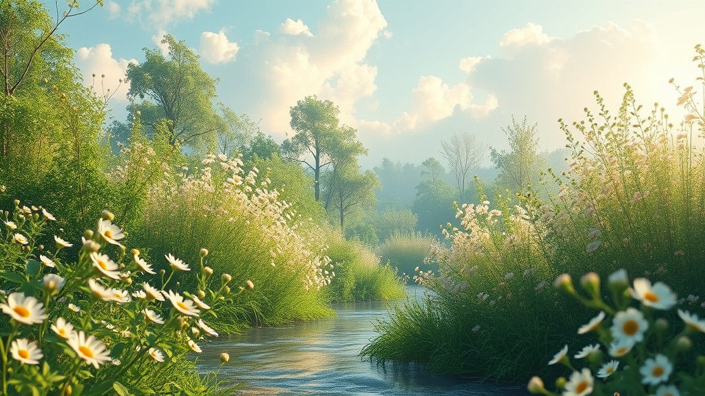 Dreamlike Art Nouveau Landscape with Vibrant Wildflowers and...