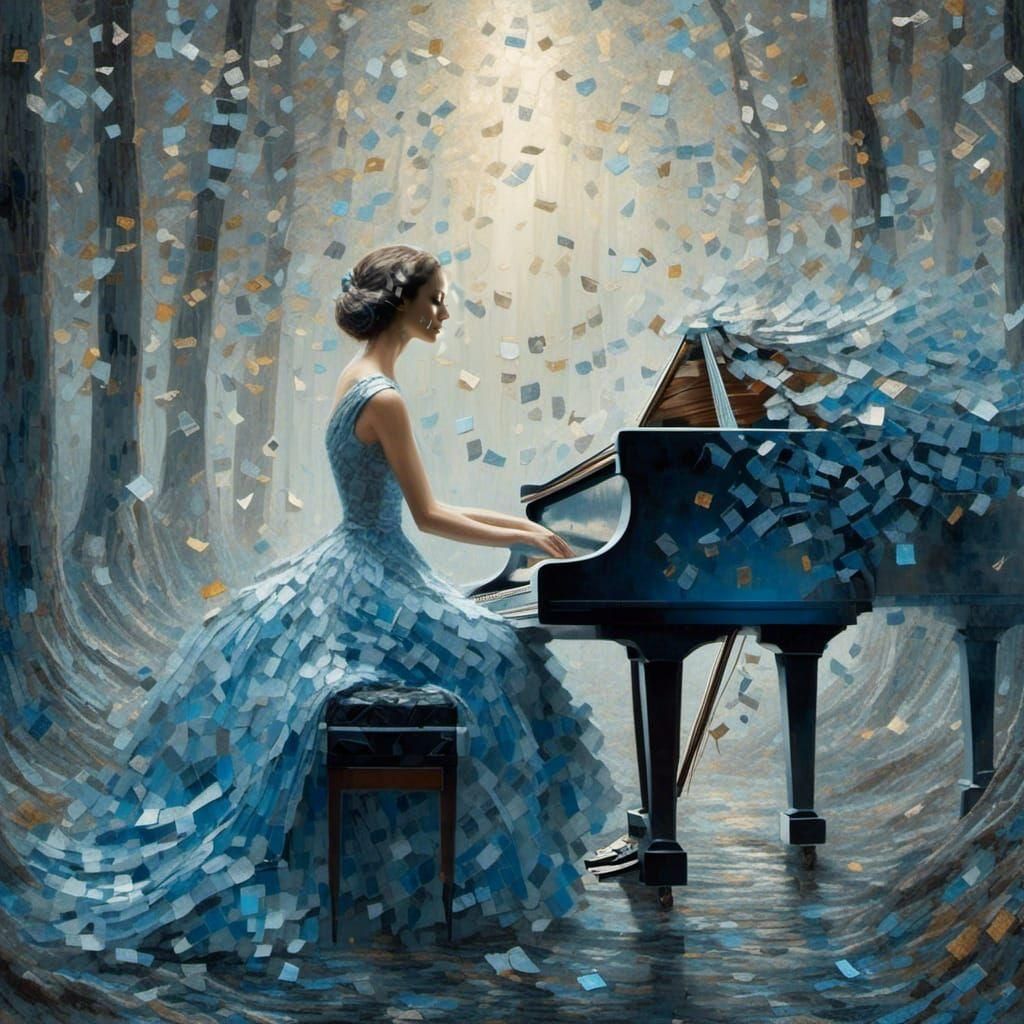 Woman in Musical Dress Plays Piano in Forest