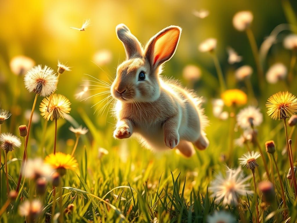 Whimsical Rabbit in Dandelion Dreamscape
