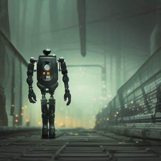 Cozy Broken Robot Concept Art in Greens and Black