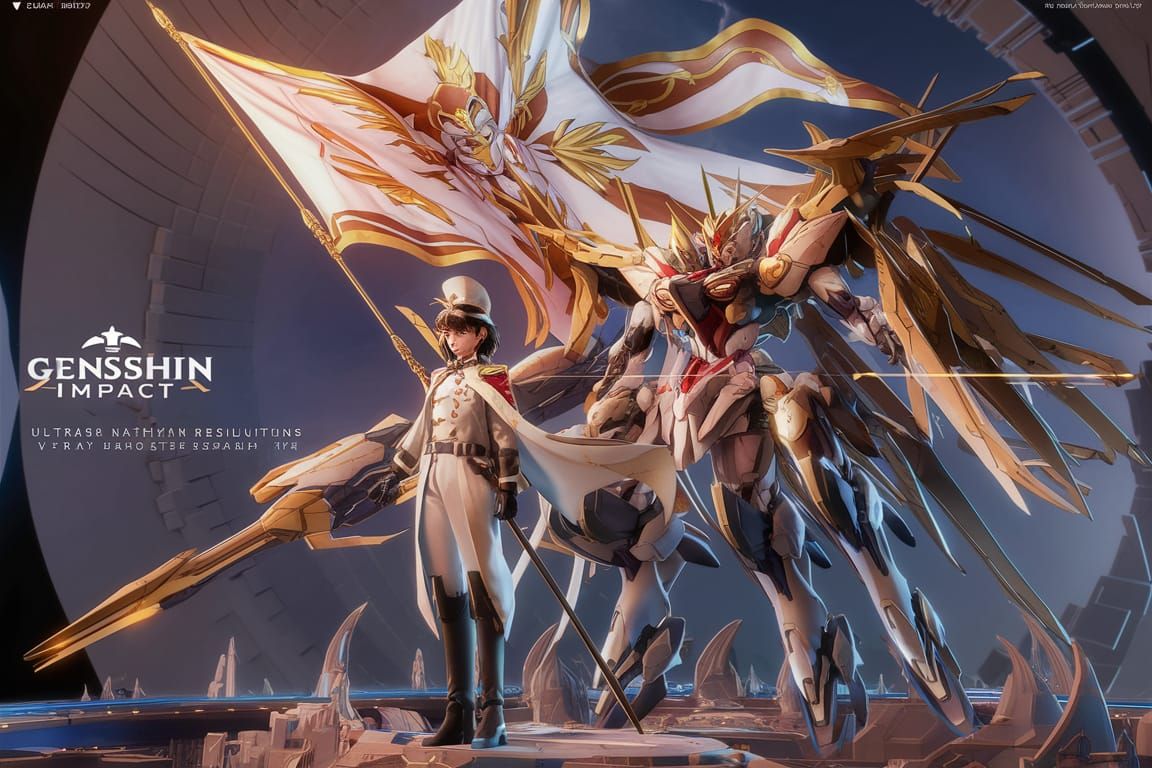 Anime Mech Warrior with Golden Flag in 3D