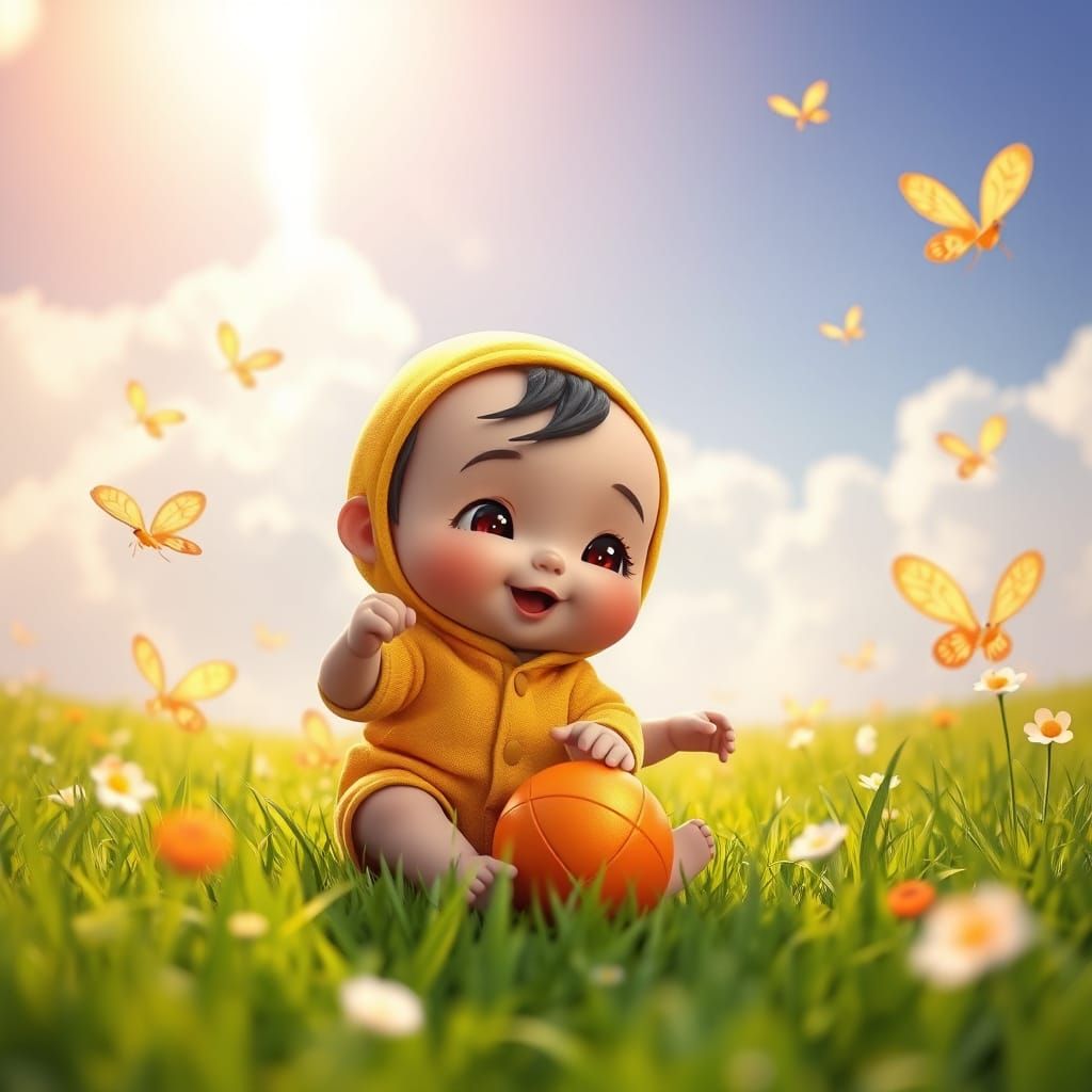 Whimsical Bayi Gajah Plays Ball on Vibrant Green Meadow