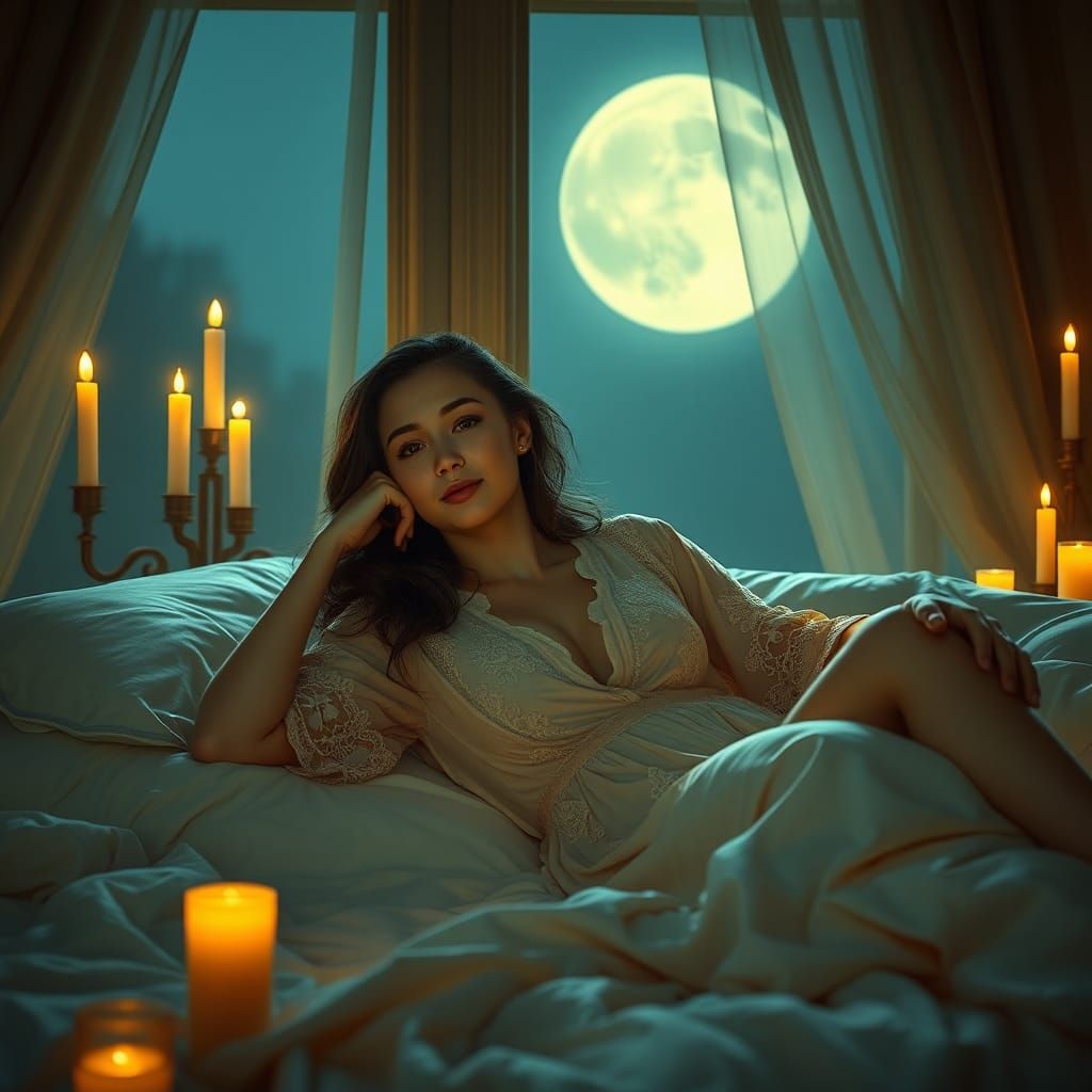 Moonlit Woman in Lace, Art Nouveau Style