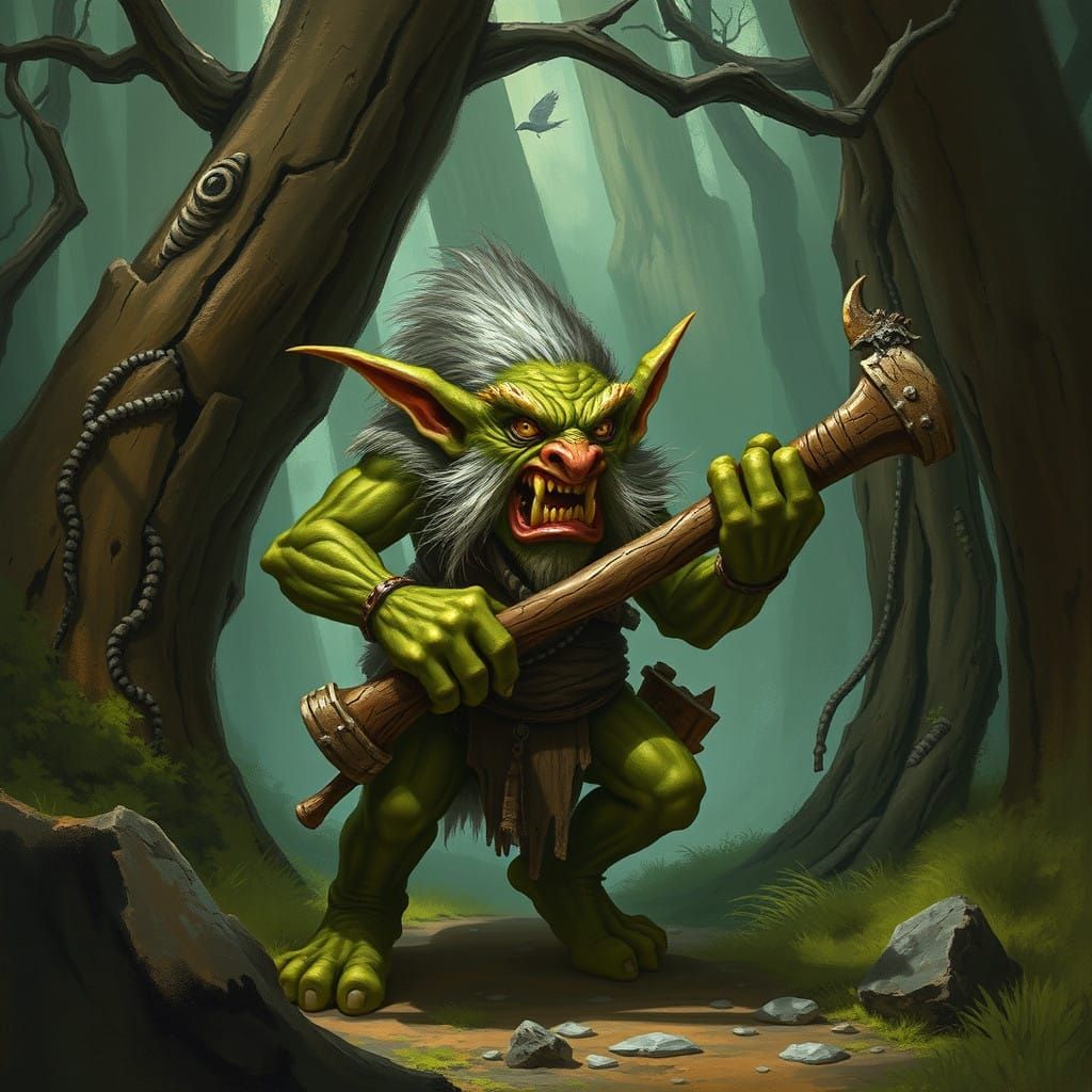 A Grimy Troll Wields a Massive Wooden Club in a Dark Fantasy...