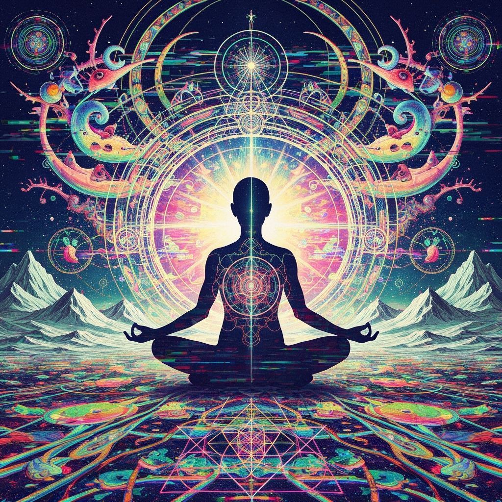 Meditative Figure in Glitching Digital Landscape