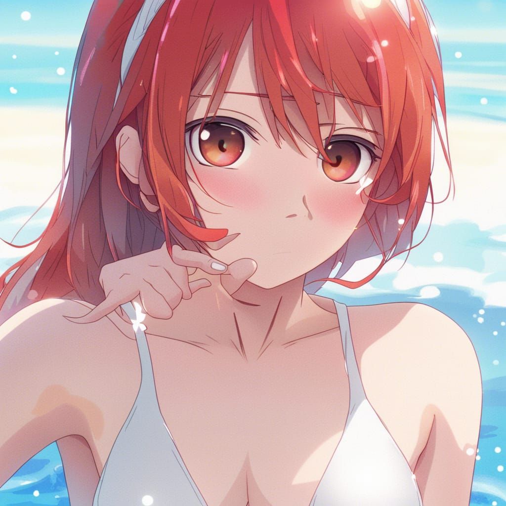 Red-Haired Girl in White Swimsuit: Anime Key Visual