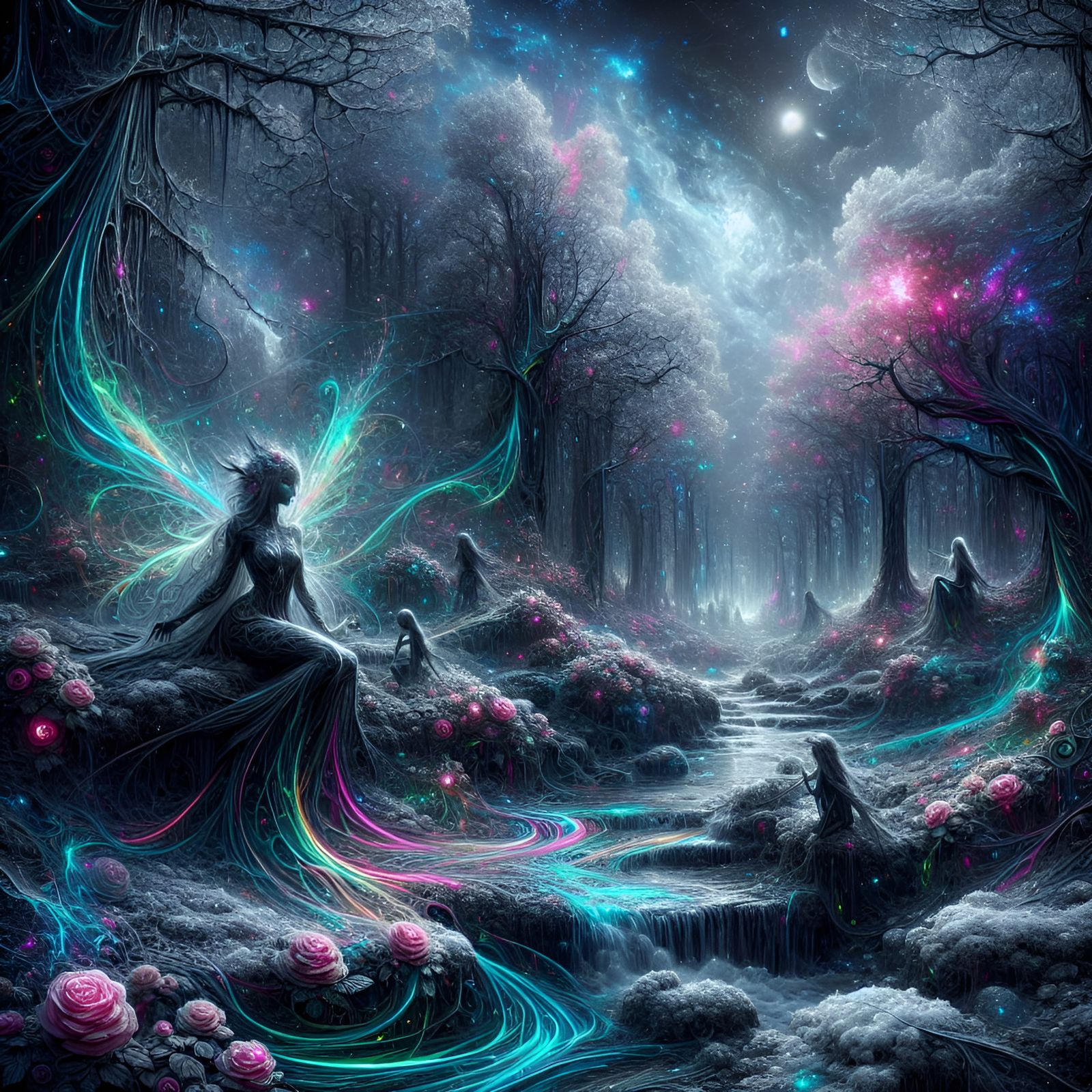 Dark faerie, Backgroun fantasy landscape, Contained chaos in the cosmos, Moonlight reflected on bright shimmering snow, ...