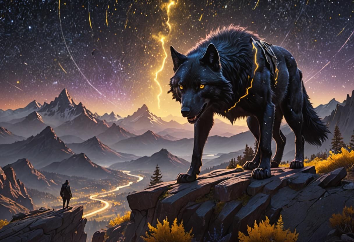 Giant Black Wolf Dreamscape: Detailed Matte Painting