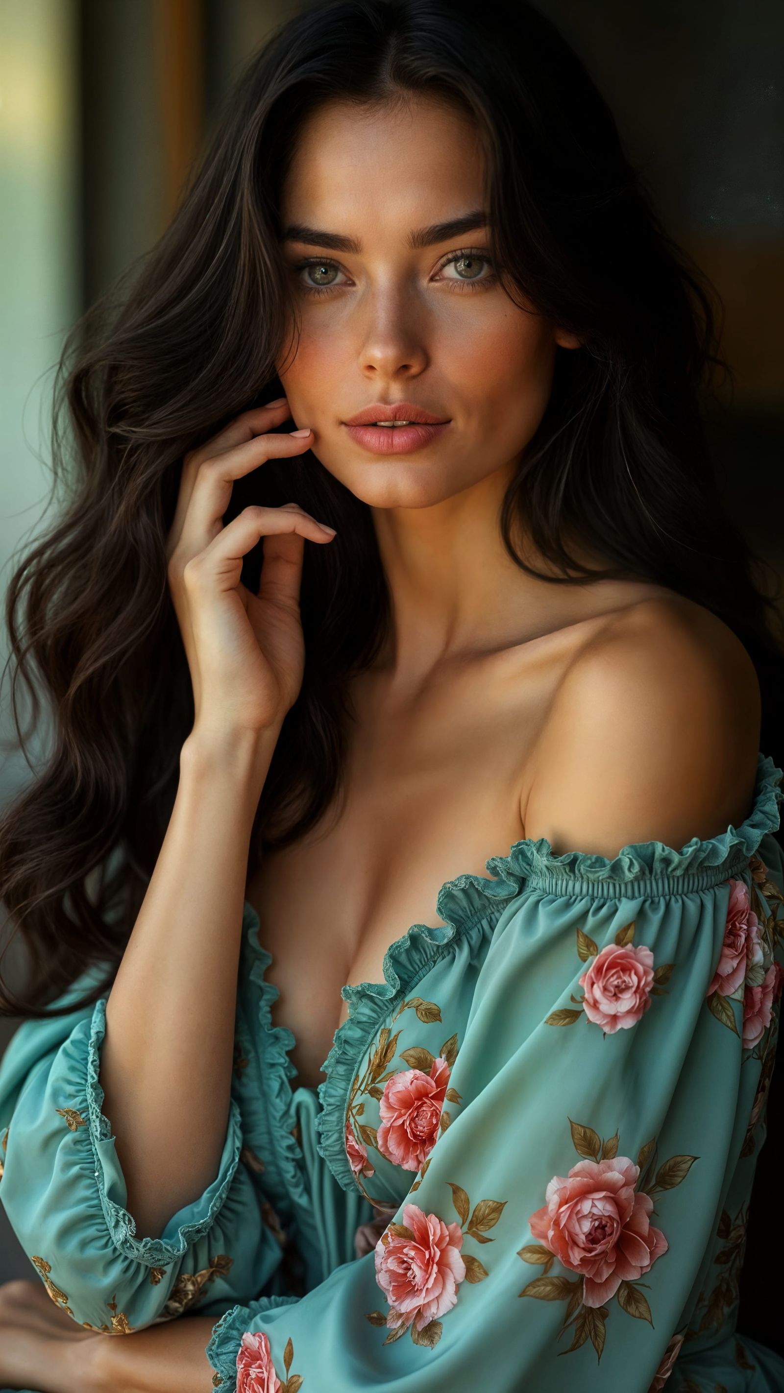 Hyper-Realistic Portrait of a Brunette Woman in Floral Silk