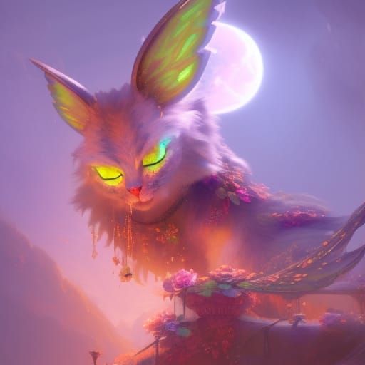 Fantasy Moth Cat with Lace Ears in Moonlight