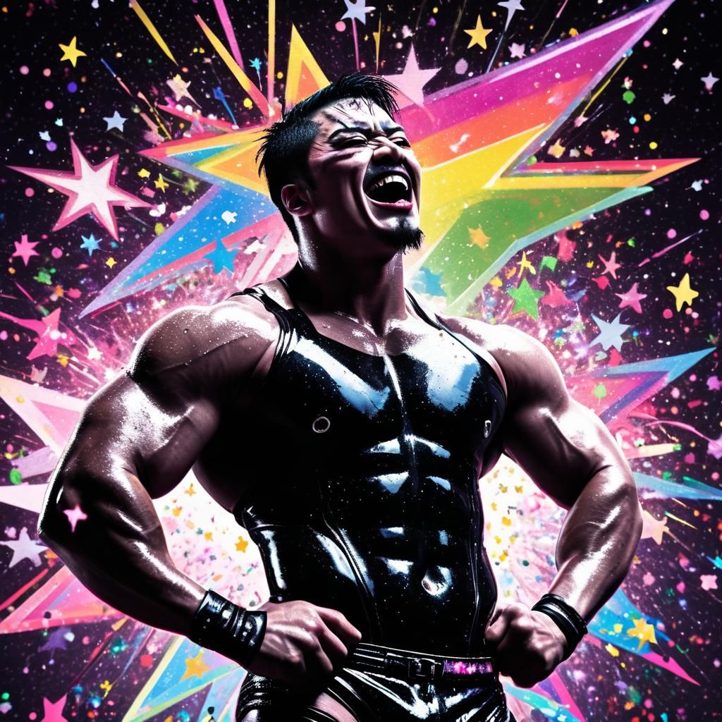 Punk Goth Wrestler with Colorful Star Backdrop