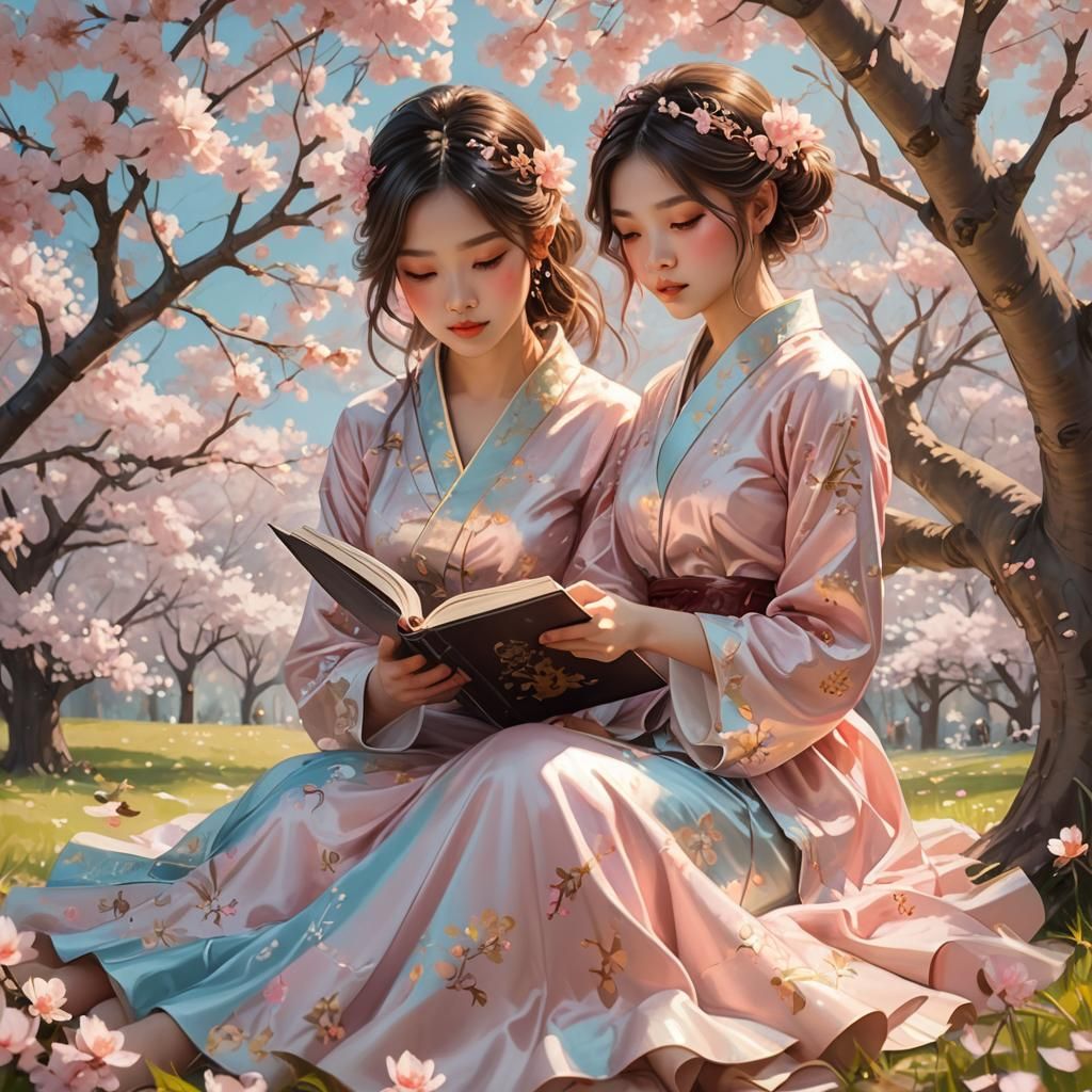 Girl Reading Under Cherry Blossom Tree, Fantasy Illustration
