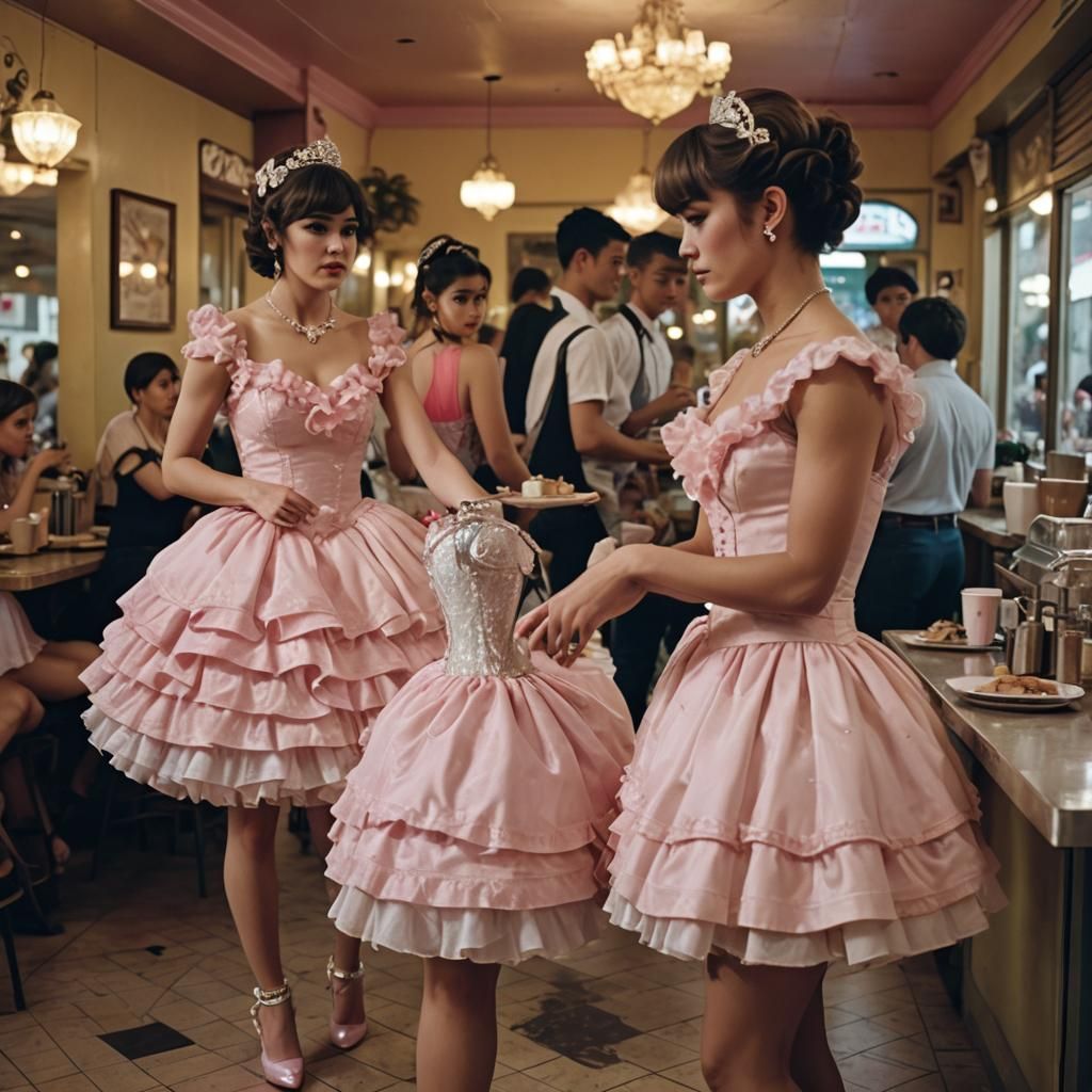 Cross-Dressed Teen and Girl in Cafe: Cinematic Still