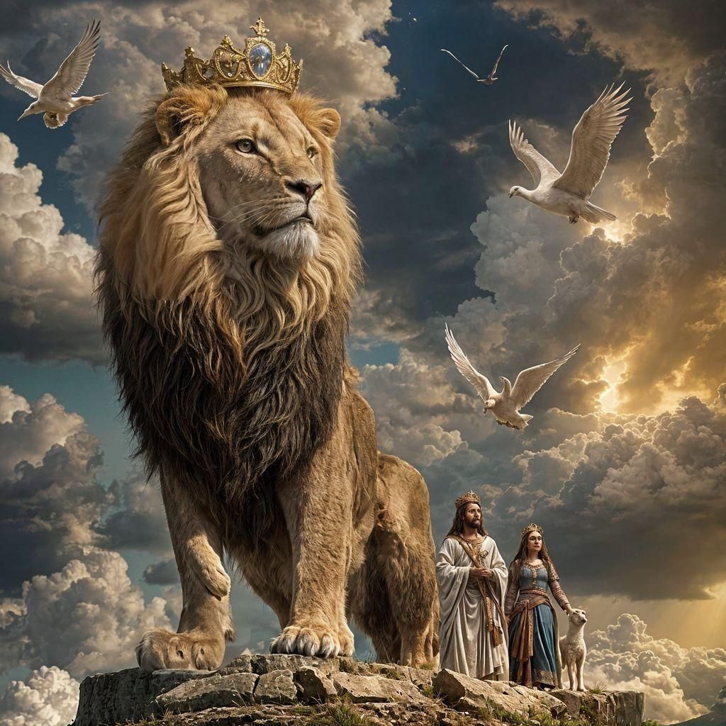 Majestic Lion, Lamb, and Dove in Heaven