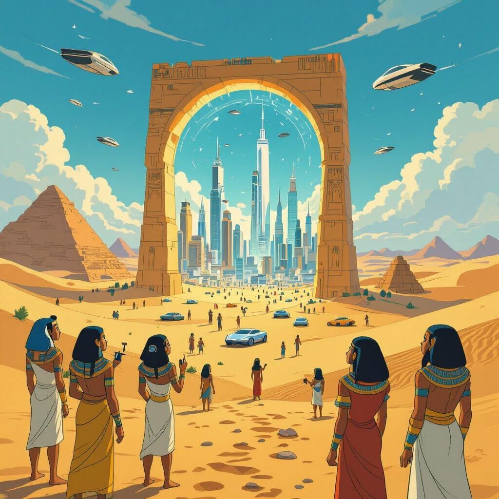 Egyptians Gaze at Time Portal Revealing Future City