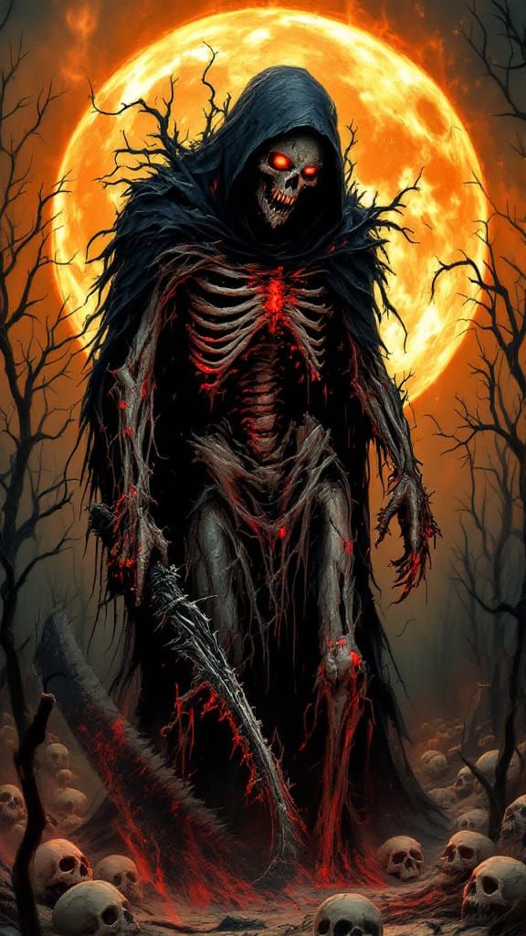 Nightmarish Grim Reaper in Dark Fantasy Landscape