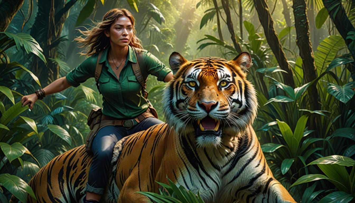 Amazon Woman Riding a Tiger in Jungle Concept Art