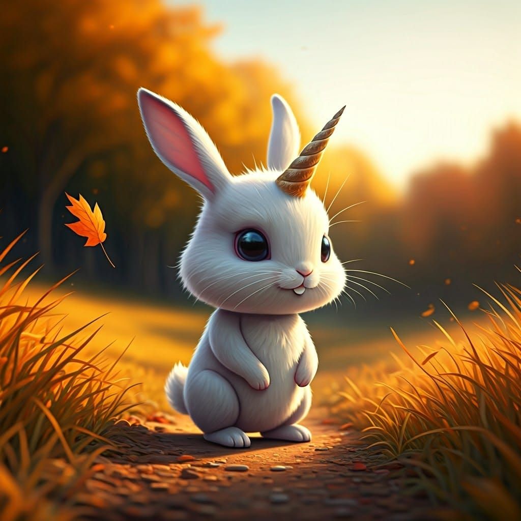 Chibi Unicorn Rabbit in Autumn Meadow 3D Render