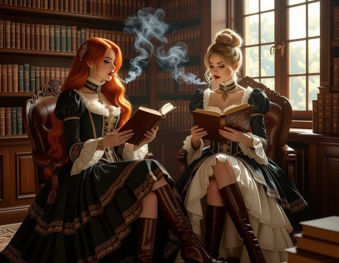Steampunk Librarians Reading in Sunlit Library