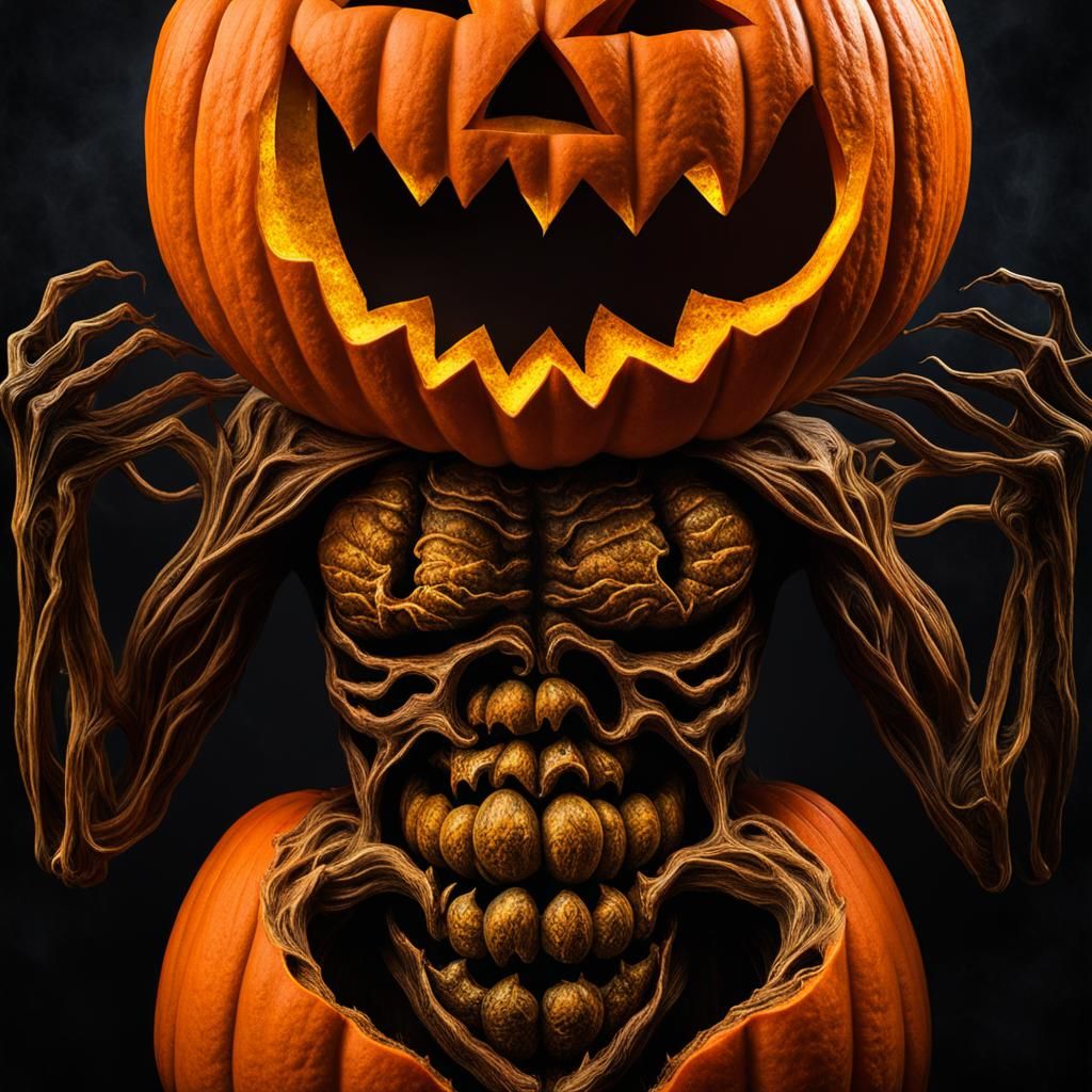 Evil Pumpkin Carved in Silhouette Body Horror Style