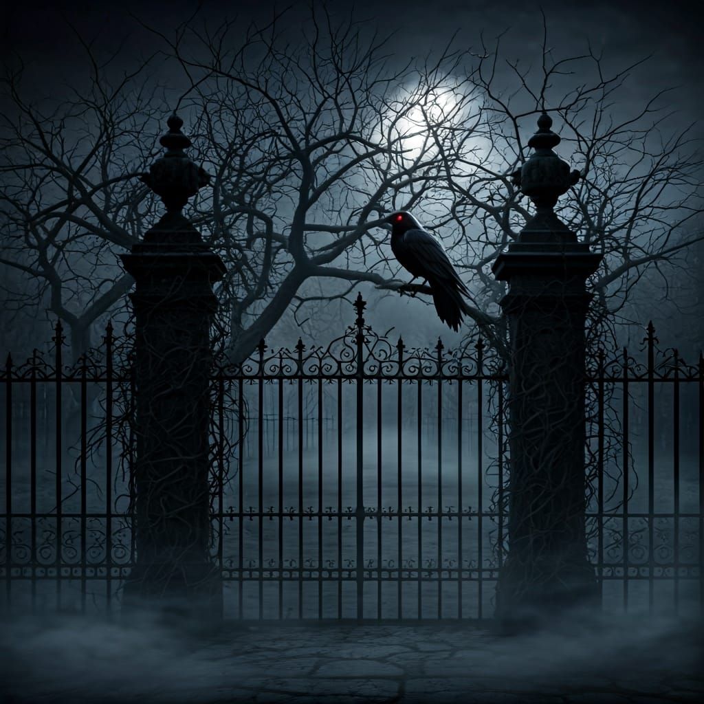A creepy garden with wrought iron fencing and multiple dark ...