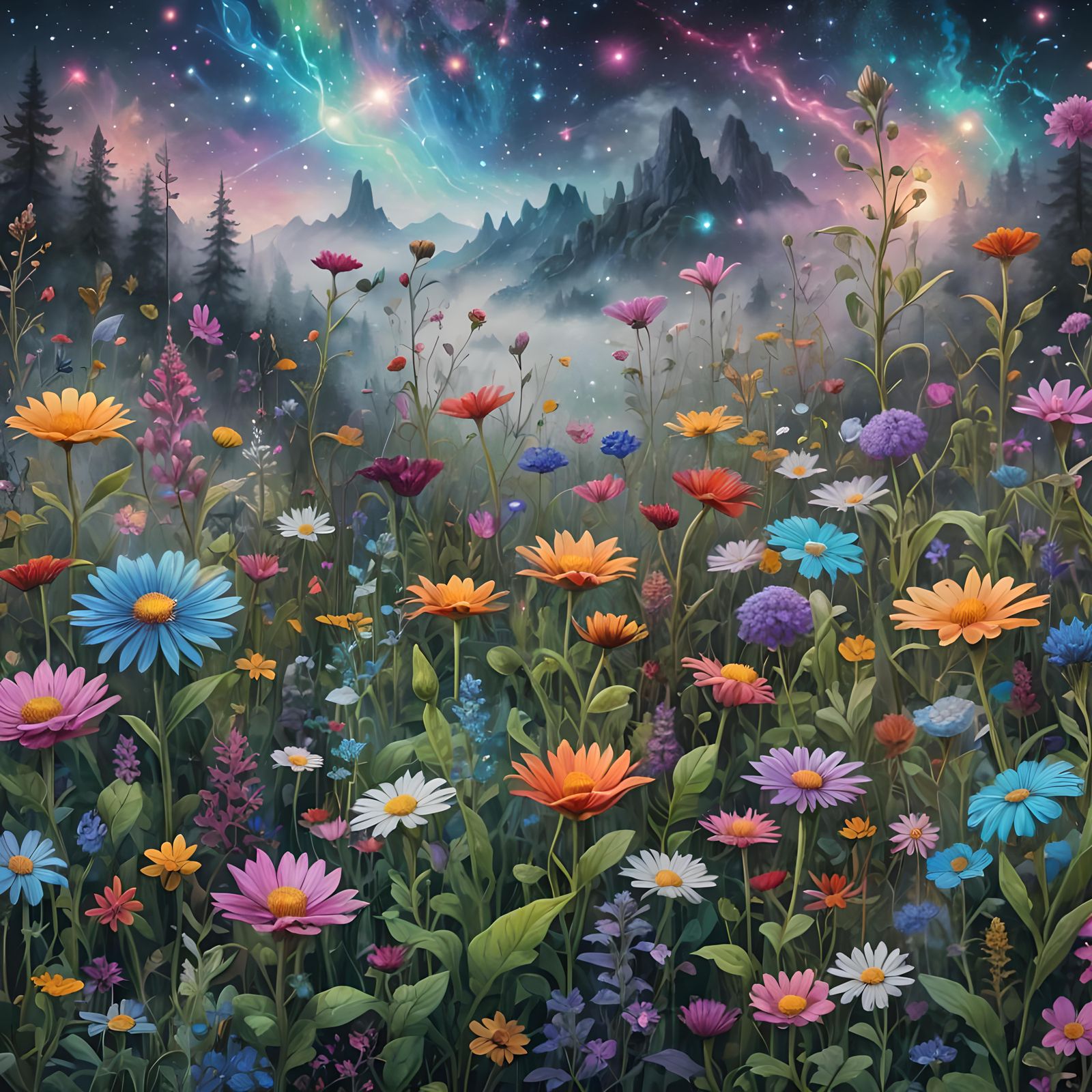 Misty Wildflower Garden in Cosmic Illustration