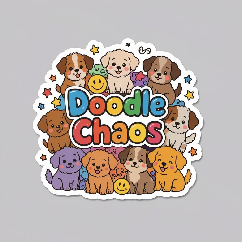 Cute Furry Puppy Sticker Sheet with "Doodle Chaos"