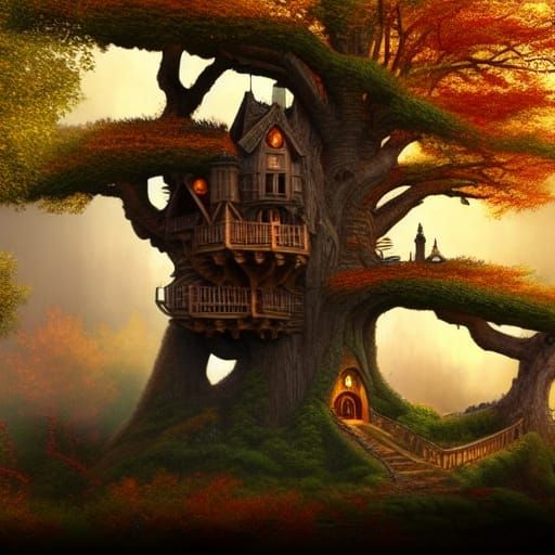 Autumn Castle Treehouse: Detailed Fantasy Concept Art