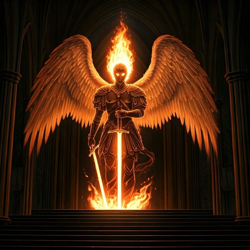 Fiery Archangel Emerges from Gothic Shadows
