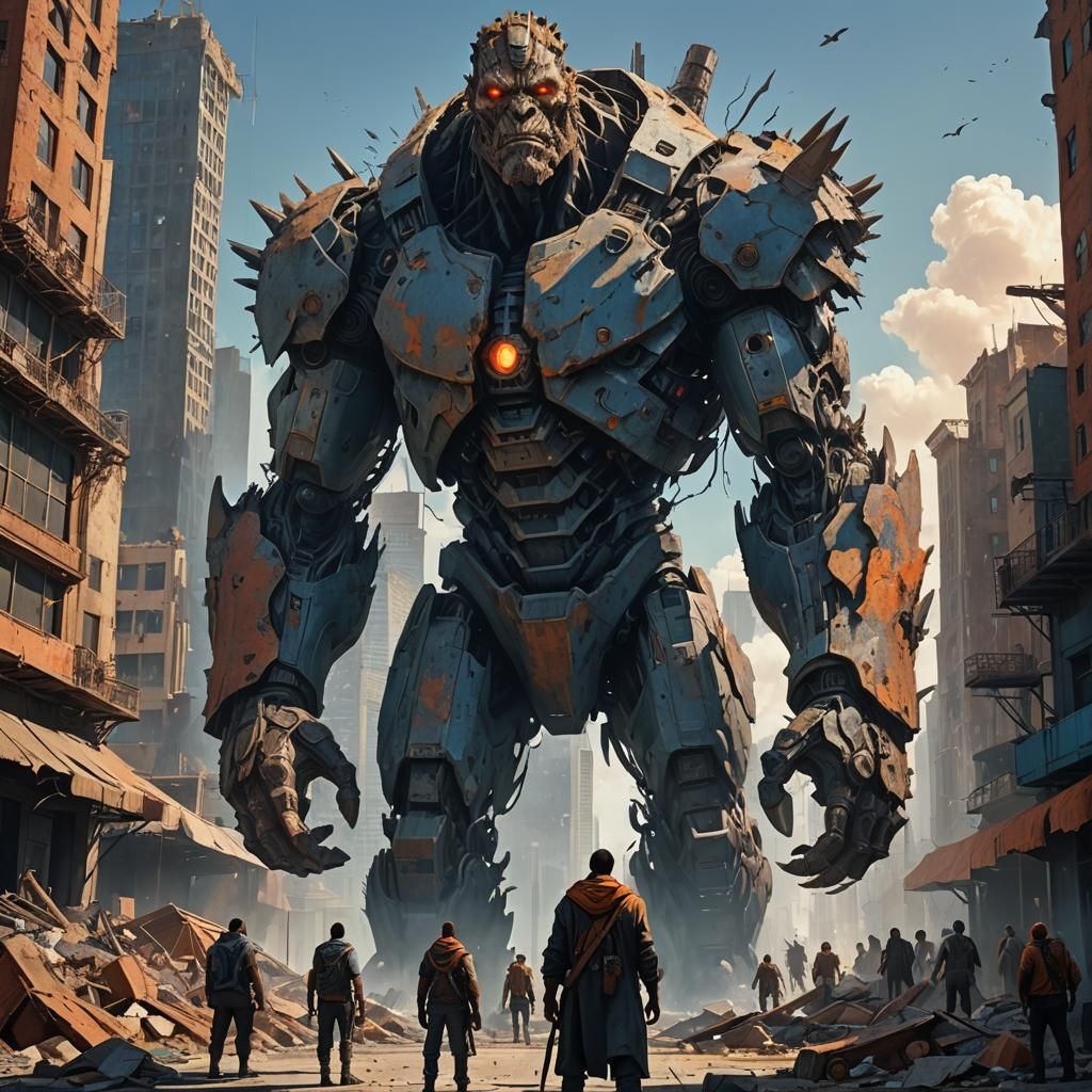 Colossal Giant Readies for War in Dystopian Cityscape