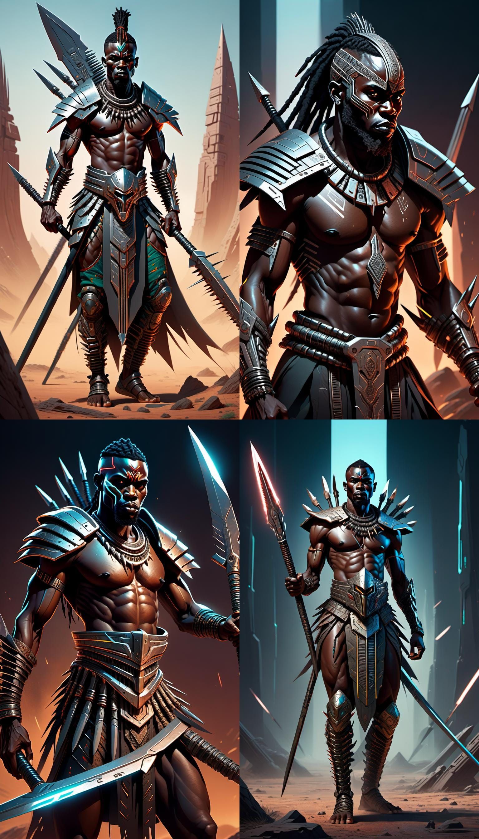 A powerful, futuristic African berzerker warrior weilding dual long blade spears in each hand 8k resolution concept art ...