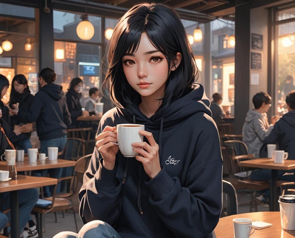Young Woman Drinking Coffee in Anime Style
