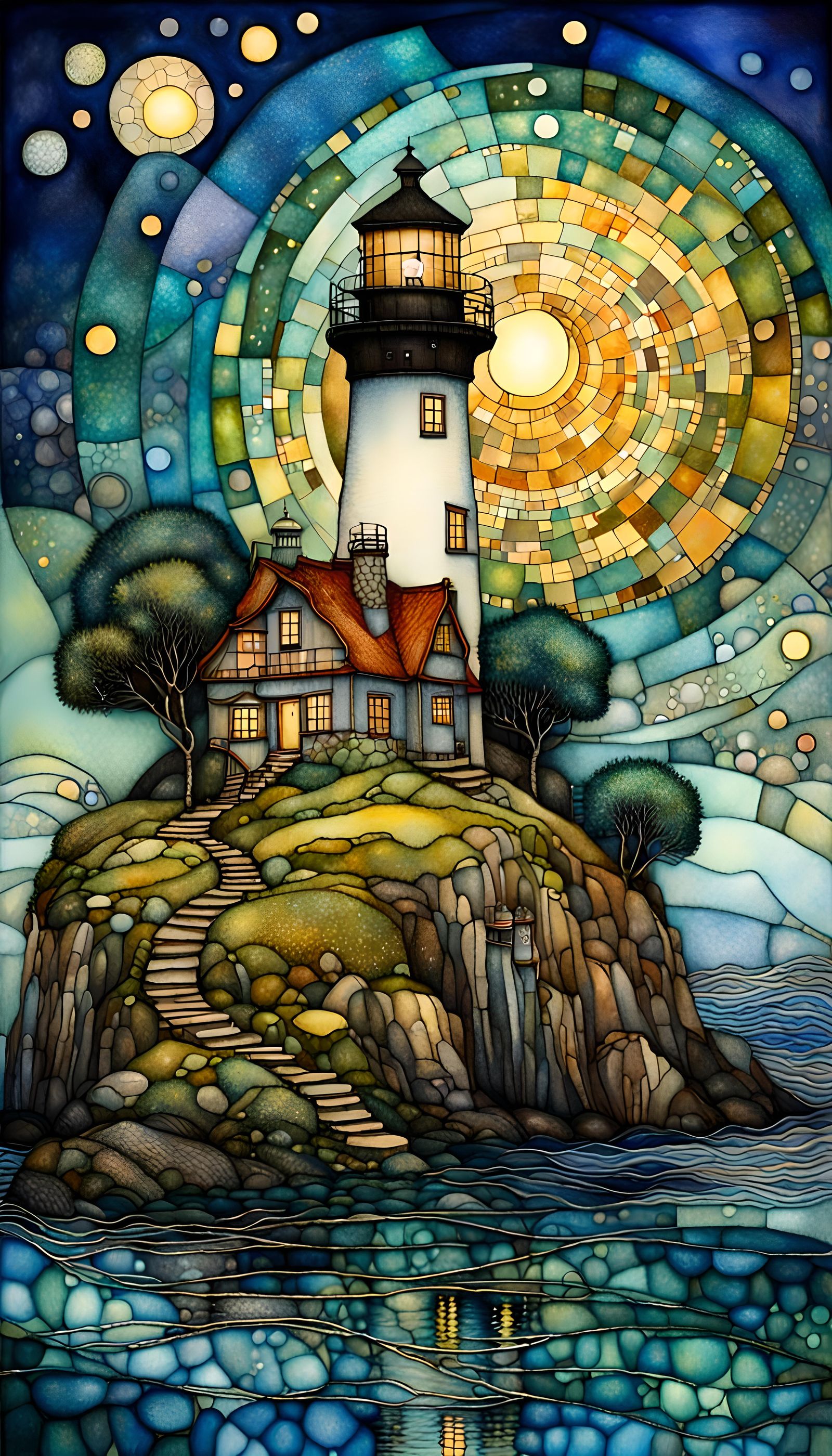 Night Lighthouse on Islet in Neo-Impressionist Style