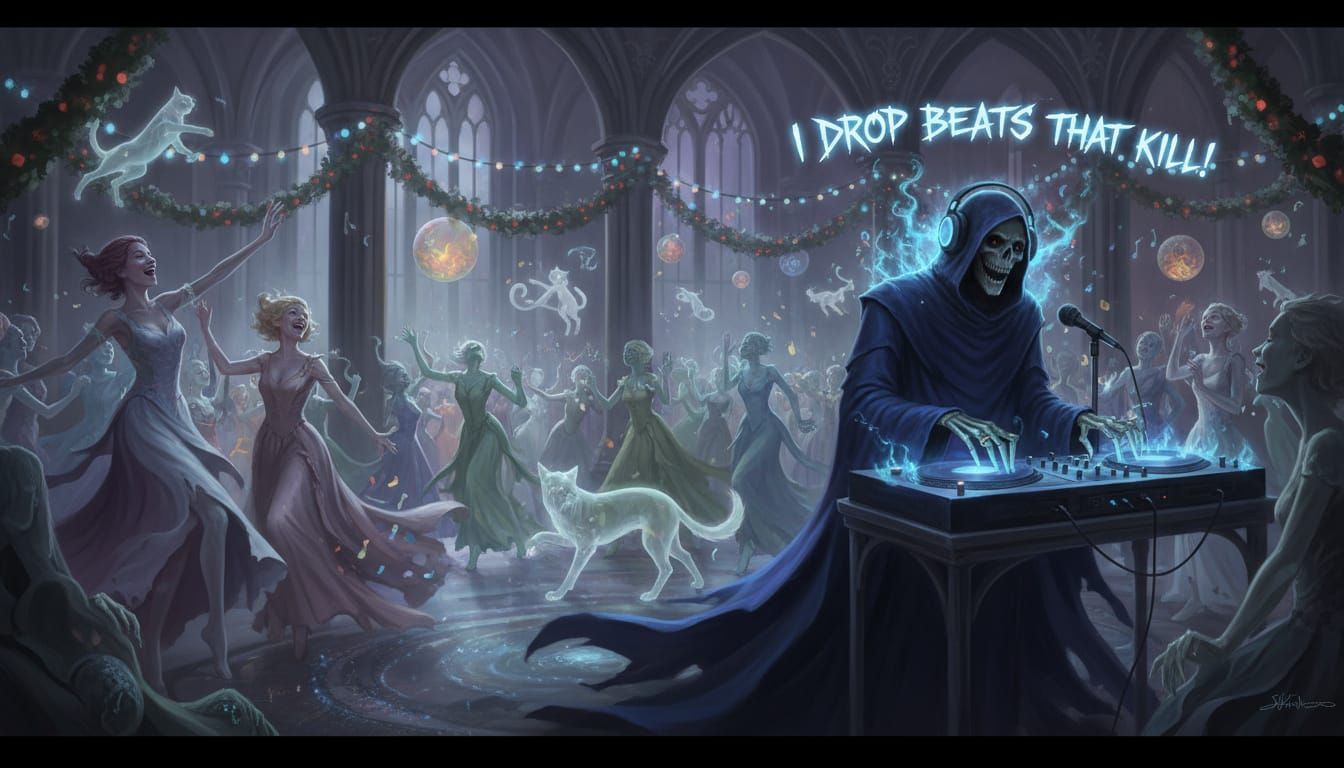 Grim Reaper DJing at a Spectral Christmas Party