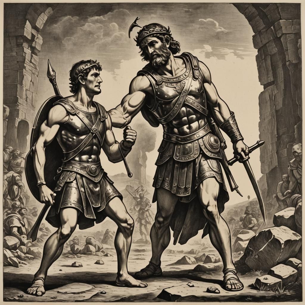 David and Goliath in Detailed Etching