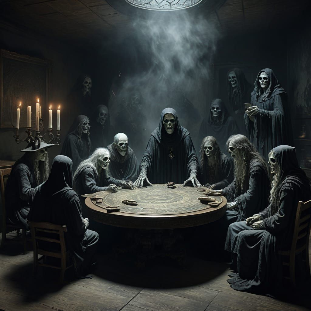 Spooky Ghost Haunts Séance in Misty Night