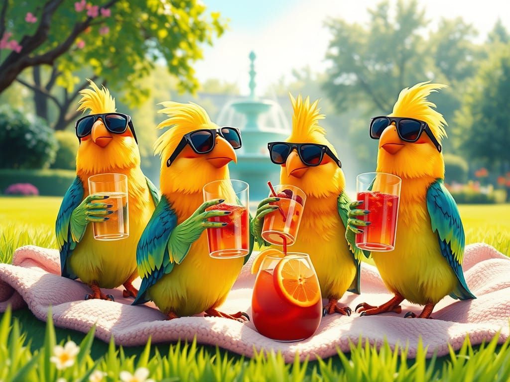 Whimsical Canaries in Sunglasses Relax in a Vibrant Park Sce...