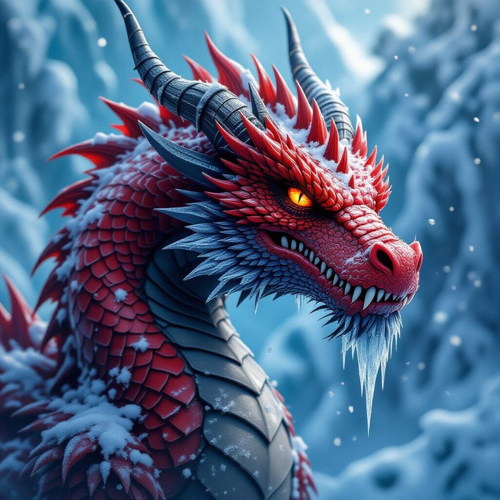 Majestic Red Dragon Covered in Ice and Snow