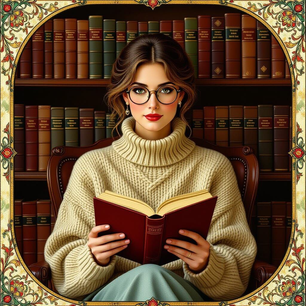 Woman Reading by Bookcase, Alphonse Mucha Style