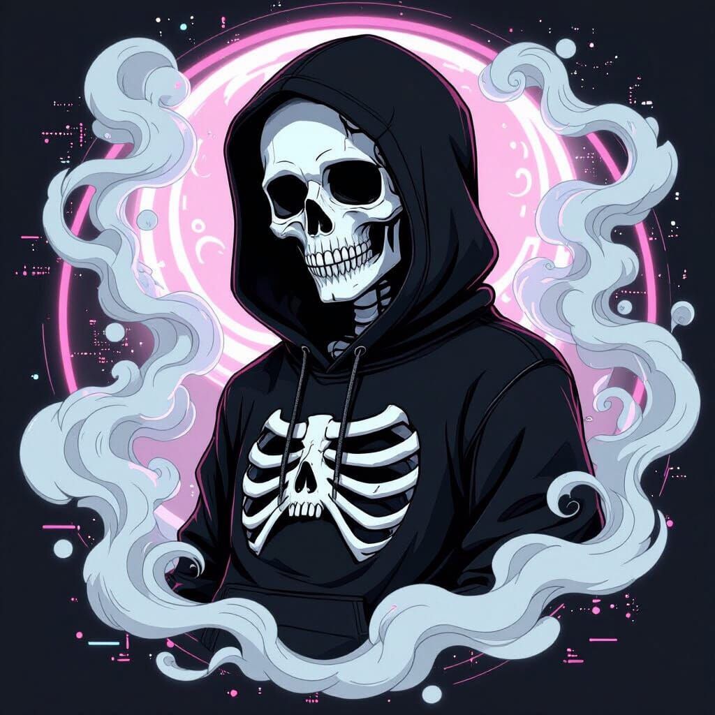 Edgy Character in Skeleton Hoodie with Glitch Effects