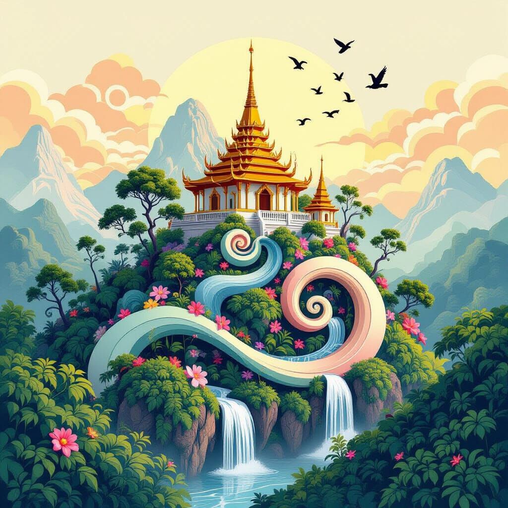 Elegant Buddhist Wat on Lush Rainforest Mountain