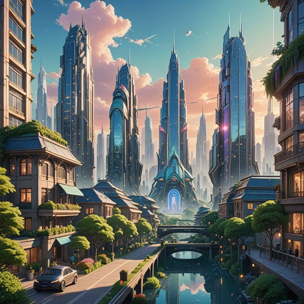 Futuristic Cityscape: Art Nouveau Digital Painting