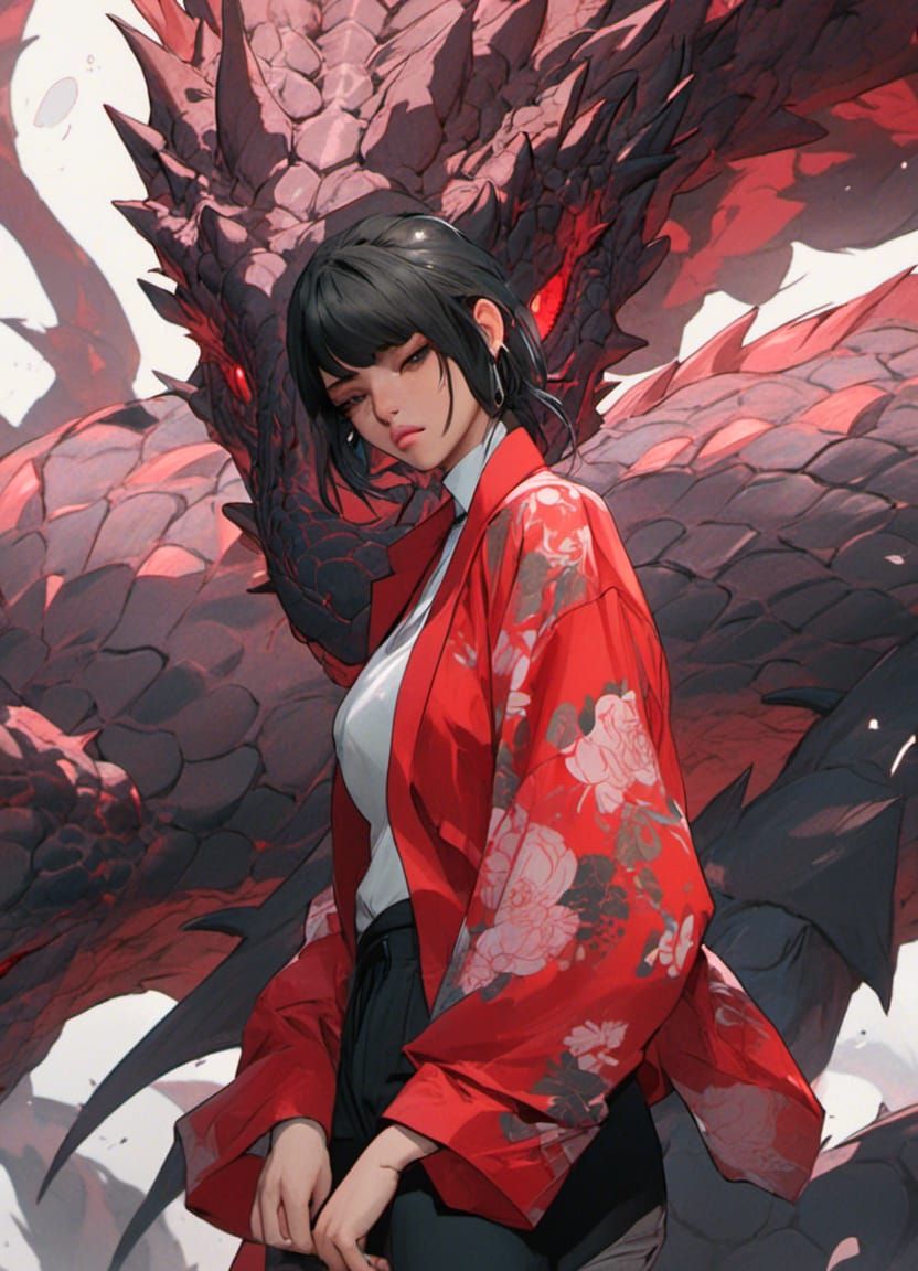 Bored Female Yakuza with Dragon in Anime Style