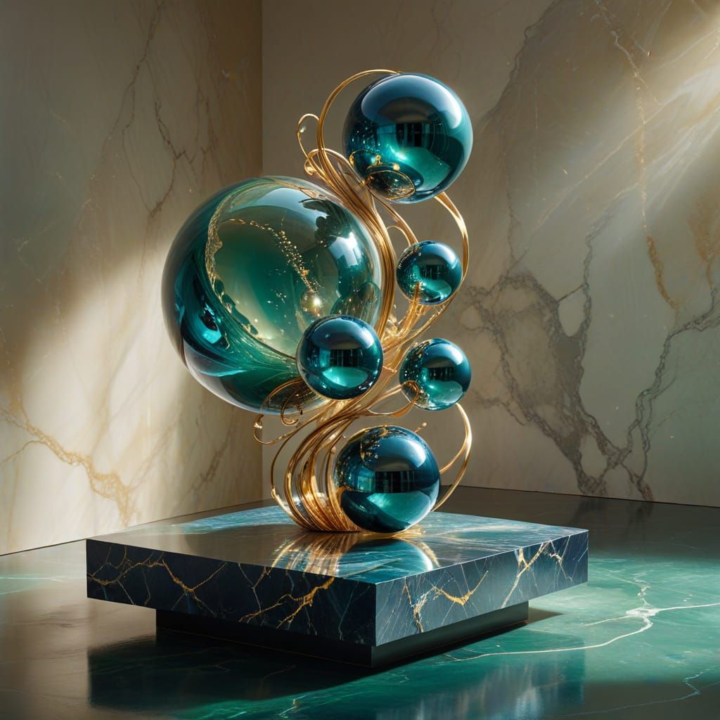 Gravity-Defying Iridescent Sculpture on Marble Platform