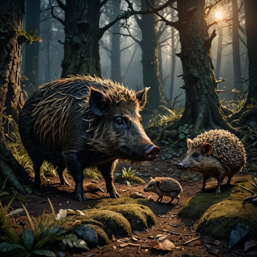 Wild Boar Babysitting Hedgehog in Mystical Forest