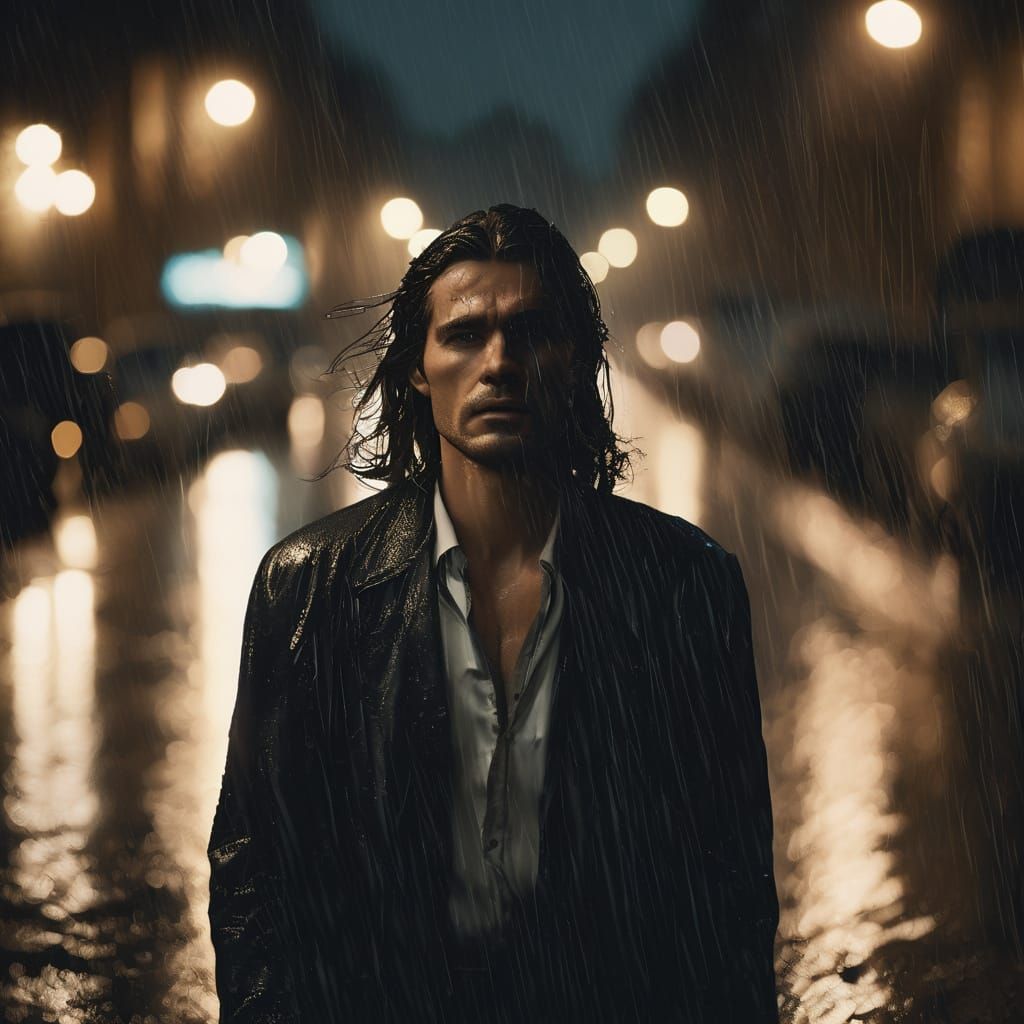 Man Walks in Rainy Street in Film Noir Style