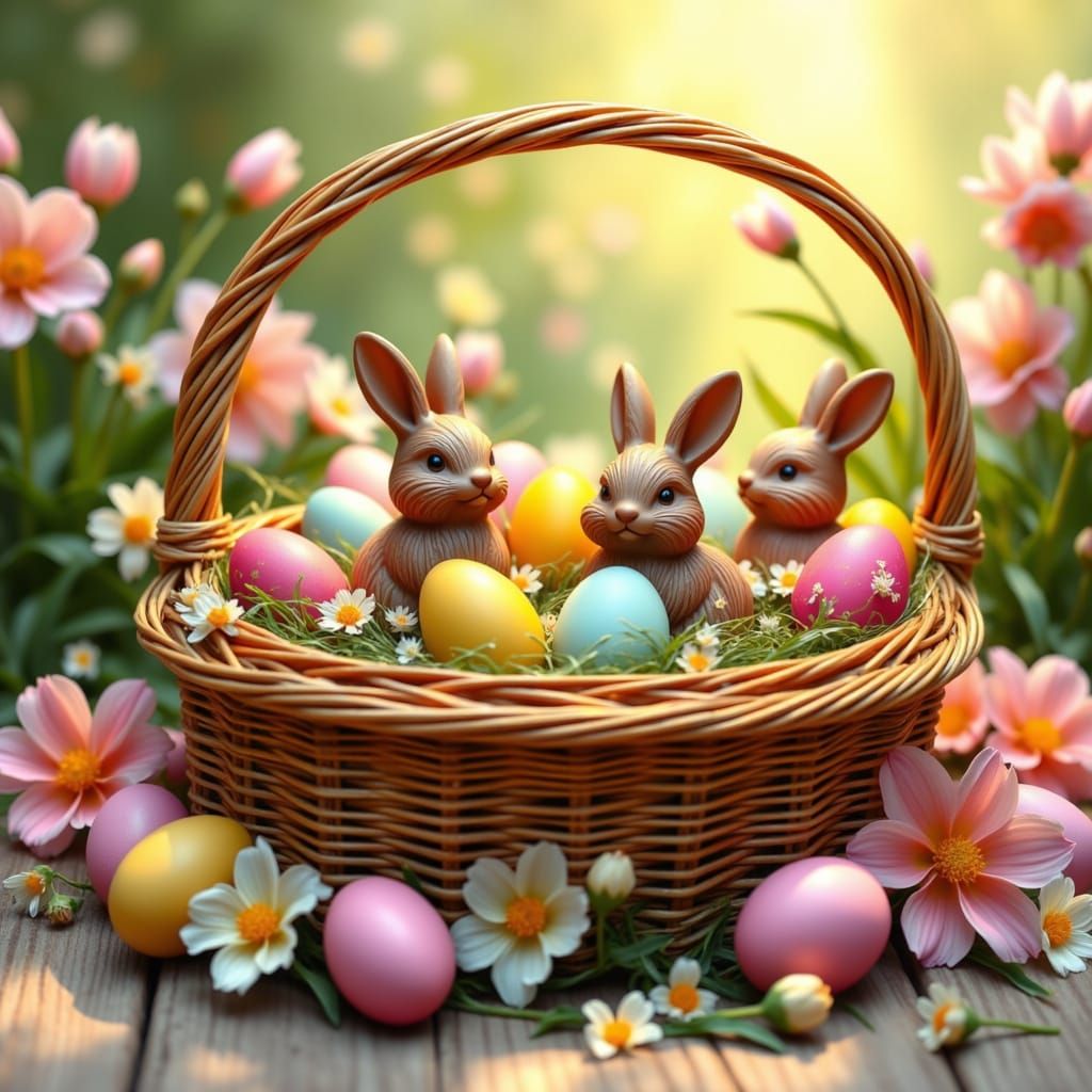 Traditional German Easter Basket Filled with Chocolate Bunni...